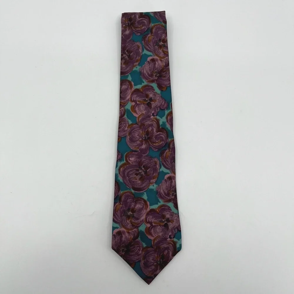 Geoffrey Beene Tie Mens Purple Teal Floral Italian Fabric Made USA Necktie